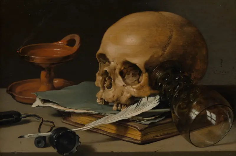 Stillleben mit Totenkopf und Schreibfeder von Pieter Claesz